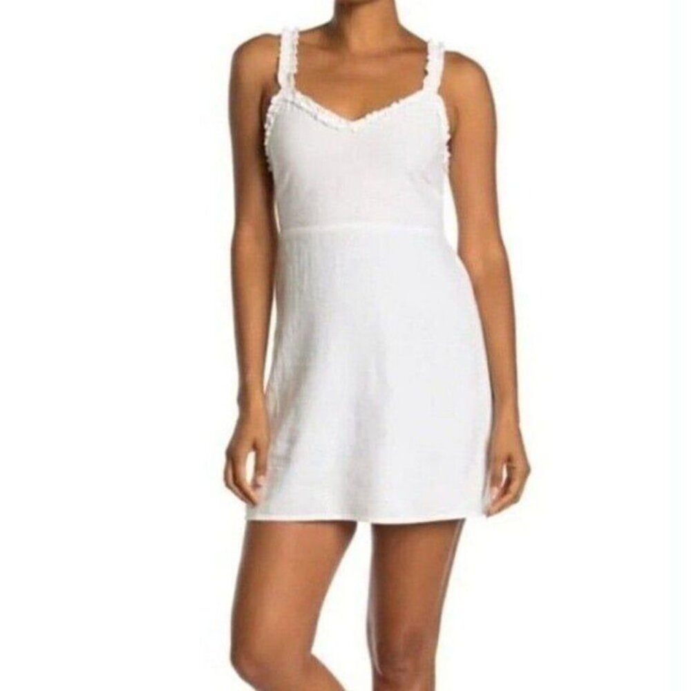 NEW! Abound Womens Dress LINEN Blend V Neck Ruffle Strap Mini Dress White Medium